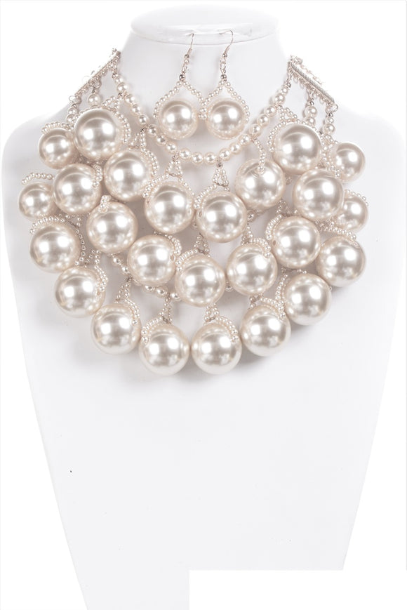 SILVER WHITE 3 LAYER BIG PEARL NECKLACE SET ( 2828 RHWHT )