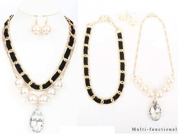 GOLD BLACK CREAM PEARL NECKLACE SET ( 2881 GPCRMBK )