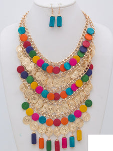 MULTI COLOR WOOD METAL COIN BIB NECKLACE SET ( 2904 GPMT )