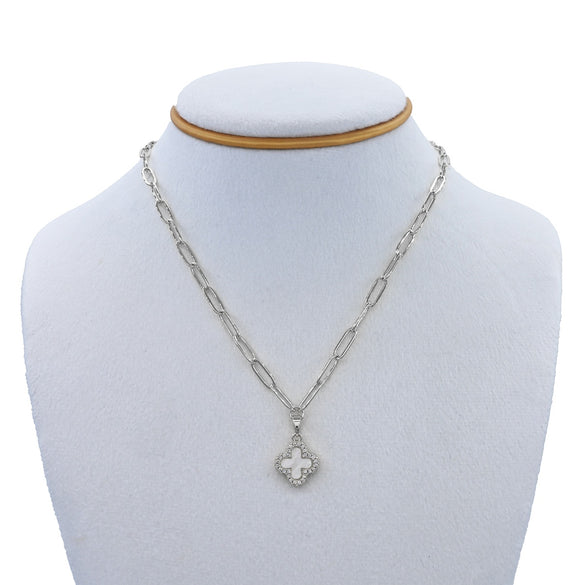 SILVER QUATREFOIL MOTHER OF PEARL STAINLESS STEEL NECKLACE ( 3342 SMOP )