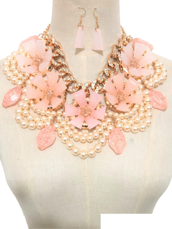 GOLD CREAM PEARL FLOWER NECKLACE SET ( 3369 PK )