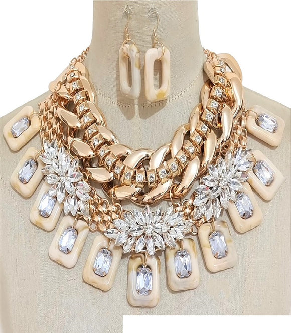 GOLD NECKLACE SET WHITE PEARLS CLEAR STONES ( 3517 GPCRMCL )