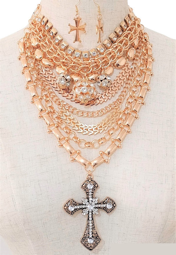 Gold Cross Necklace Set ( 3560 GPCL )