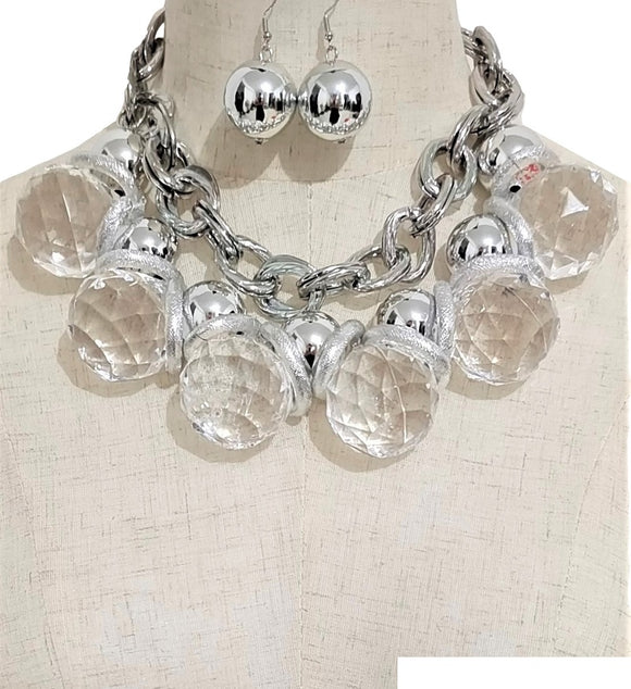 SILVER CLEAR CHUNKY NECKLACE SET ( 3590 RHCL )