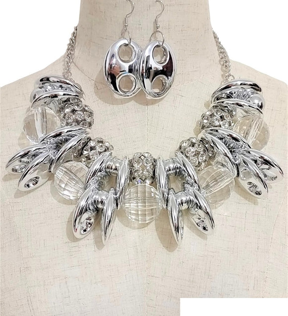 SILVER CHUNKY NECKLACE SET ( 3593 RHCL )