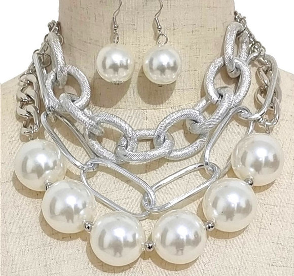 BIG PEARL NECKLACE SET ( 3621 RHWHT )