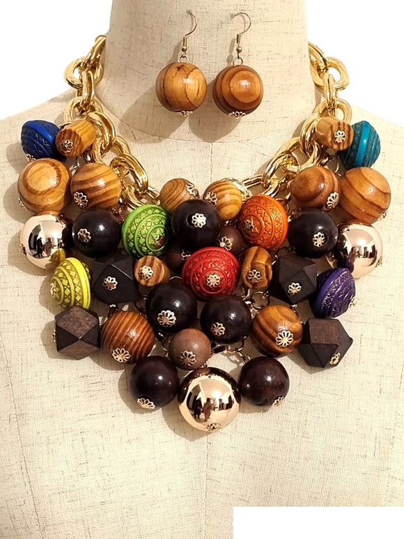 GOLD MULTI COLORED WOOD BALL NECKLACE SET ( 3639 GPMT )