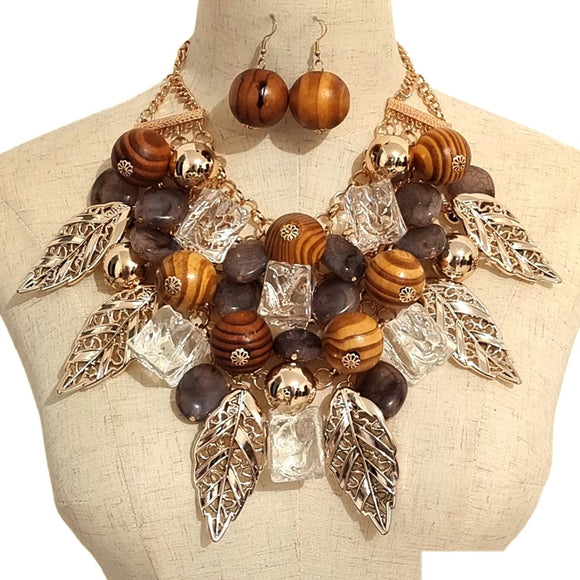 WOODEN BALL LEAF NECKLACE SET ( 3641 GPBRCL )