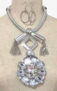 SILVER NECKLACE SET CLEAR STONES ( 3690 RHCL )