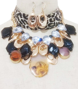 ANIMAL PRINTED FAUX STONE NECKLACE SET ( 3701 GPLEOMT )