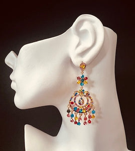 GOLD CHANDELIER EARRINGS MULTI COLOR STONES ( 2677 2MX )