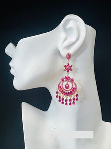 GOLD CHANDELIER EARRINGS PINK STONES ( 2677 2PK )