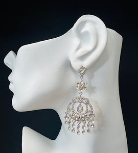 SILVER CHANDELIER EARRINGS CLEAR STONES ( 2677 3CL )