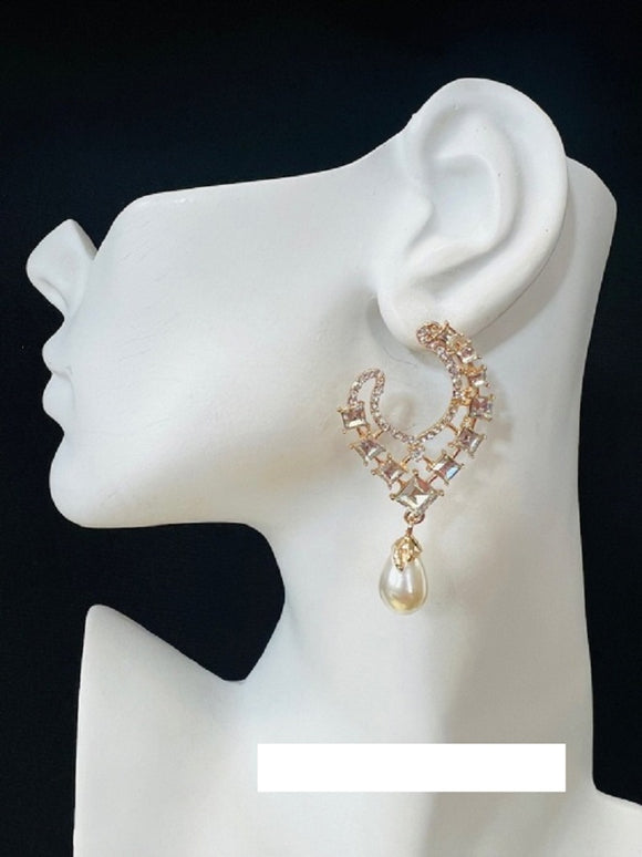 GOLD EARRINGS CLEAR STONES CREAM PEARLS ( 2750 2CL )