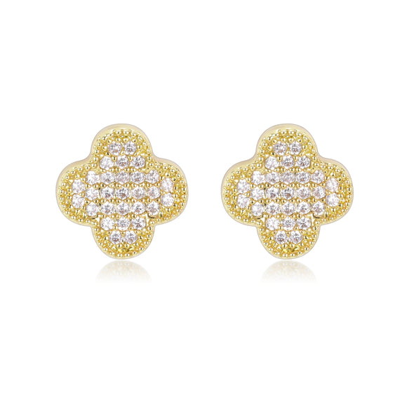 GOLD Quatrefoil Earrings Clear CZ Cubic Zirconia Stones ( 4625 GD )