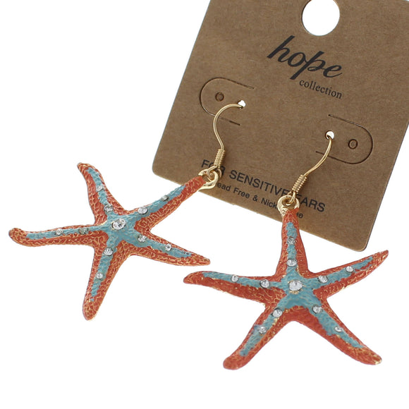 GOLD ORANGE BLUE STARFISH EARRINGS ( 72527 GOLBL )