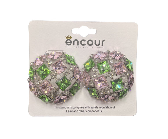 SILVER PINK GREEN RHINESTONE EARRINGS ( 0557 3PKGR )