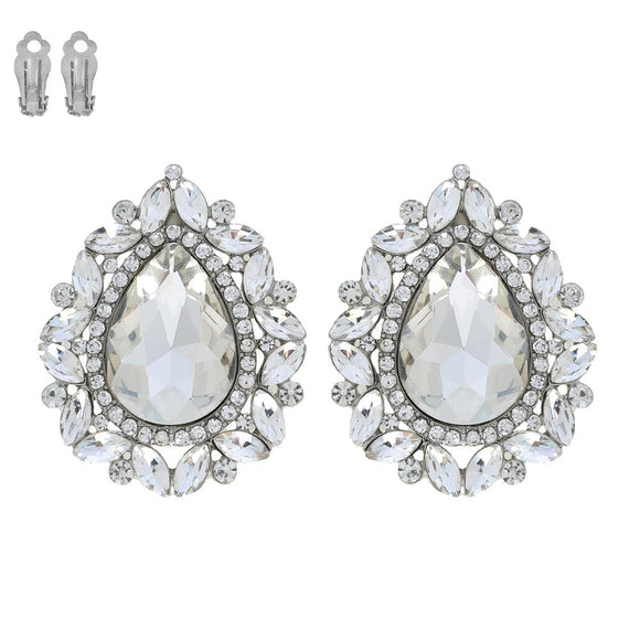 SILVER CLIP ON EARRINGS CLEAR STONES ( 11613 RCL )
