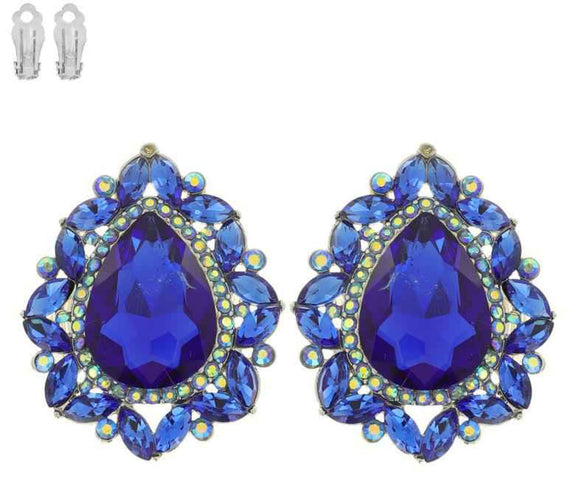 SILVER CLIP ON EARRINGS ROYAL BLUE STONES ( 11613 RRY )