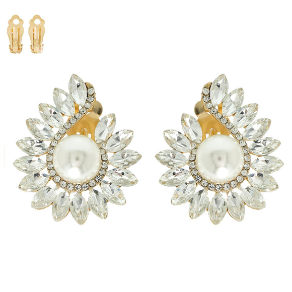 GOLD CLEAR PEARL STONE CLIP ON EARRINGS ( 199 GCR )