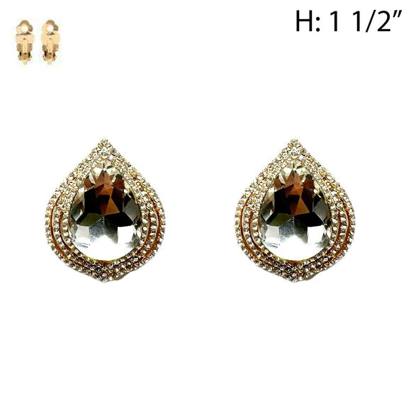 GOLD CLIP ON EARRINGS CLEAR STONES ( 202 GCL )