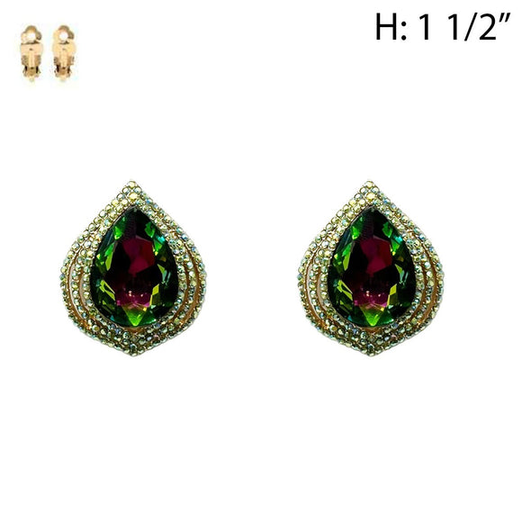 GOLD CLIP ON EARRINGS GREEN AB STONES ( 202 GRB )