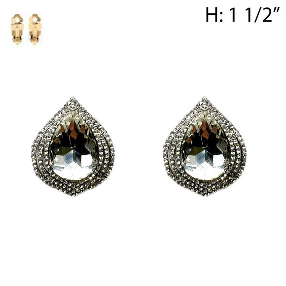 SILVER CLIP ON EARRINGS CLEAR STONES ( 202 RCL )