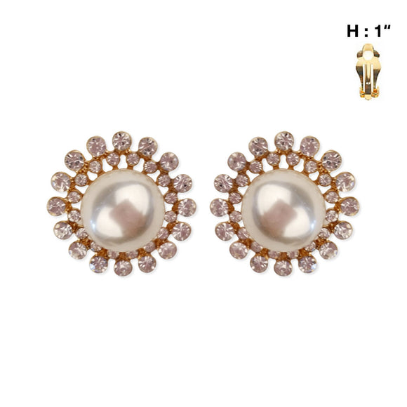 GOLD CLIP ON EARRINGS CREAM PEARLS CLEAR STONES ( 70 GCR )