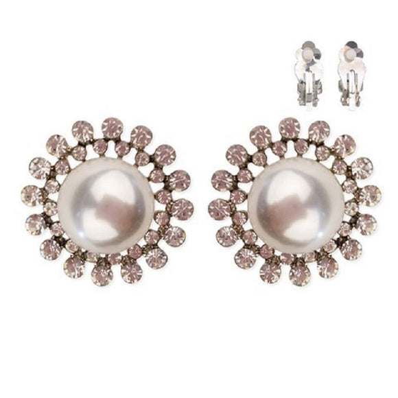 SILVER CLIP ON EARRINGS WHITE PEARLS CLEAR STONES ( 70 RWH )