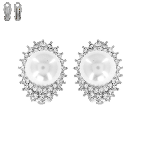 SILVER CLIP ON EARRINGS CLEAR STONES WHITE PEARLS ( 84 RWH )