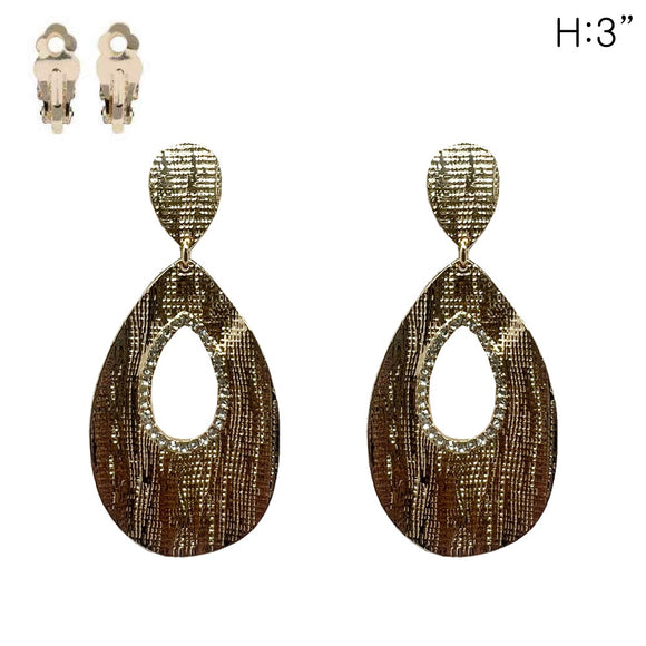 GOLD TEXTURED METAL CLIP ON EARRINGS CLEAR STONES ( 111 G )