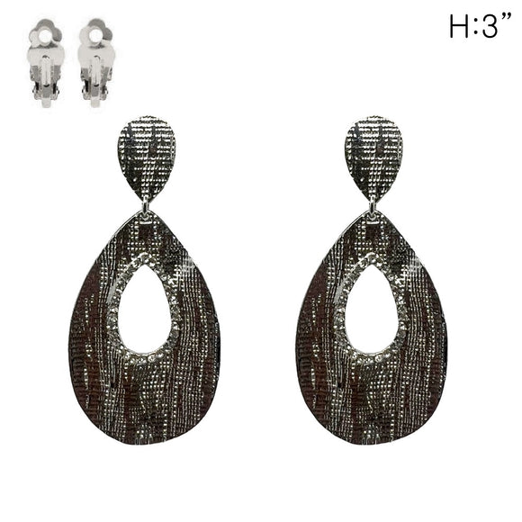 SILVER TEXTURED METAL CLIP ON EARRINGS CLEAR STONES ( 111 S )