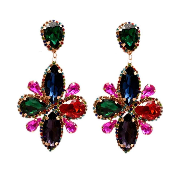 GOLD DANGLING CLIP ON EARRINGS MULTI COLOR STONES ( 11670 GMU )