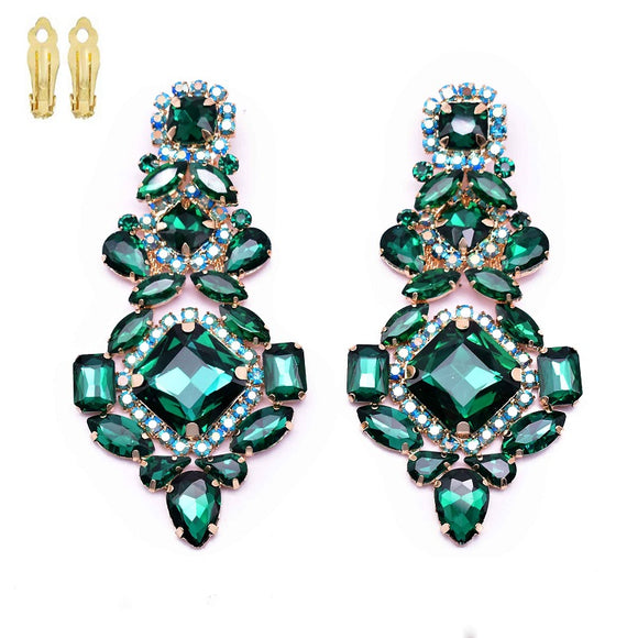 LARGE GOLD CLIP ON EARRINGS GREEN STONES ( 12144 GGR )