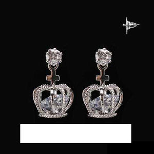 SILVER CROWN EARRINGS CLEAR CZ CUBIC ZIRCONIA STONES ( 1546 R )