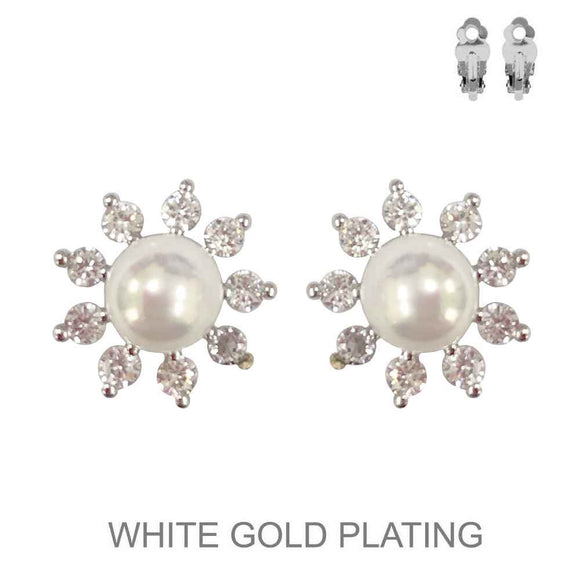 WHITE GOLD SILVER CLIP ON EARRINGS PEARLS CLEAR STONES ( 1468 R )