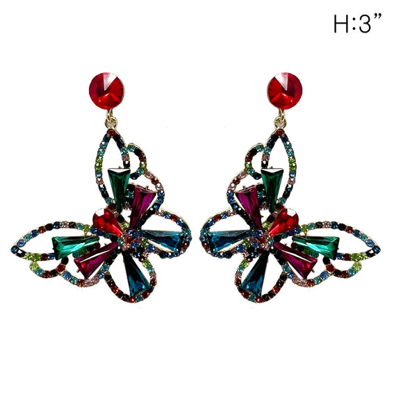 GOLD MULTI COLOR BUTTERFLY EARRINGS CLEAR STONES ( 349 GMU )