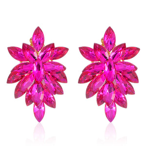 2.25" FUCHSIA Stone Pointy Clip On Earrings Gold Accents ( 1617 FU )