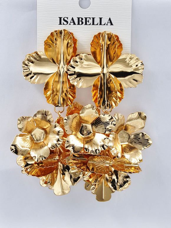 DANGLING GOLD METAL FLOWER EARRINGS ( 242442 G )