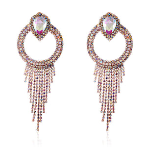 GOLD AB CRYSTAL RHINESTONE CHAIN TASSEL CLIP ON EARRINGS ( 2590 GAB )