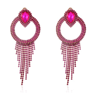 FUCHSIA CRYSTAL RHINESTONE CHAIN TASSEL CLIP ON EARRINGS ( 2590 FU )