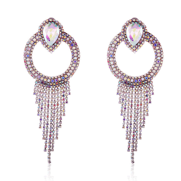 SILVER AB CRYSTAL RHINESTONE CHAIN TASSEL CLIP ON EARRINGS ( 2590 SAB )