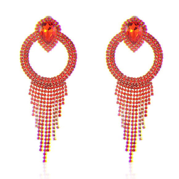 ORANGE CRYSTAL RHINESTONE CHAIN TASSEL CLIP ON EARRINGS ( 2590 ORG )