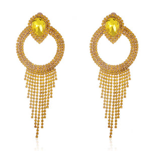 YELLOW CRYSTAL RHINESTONE CHAIN TASSEL CLIP ON EARRINGS ( 2590 YLW )