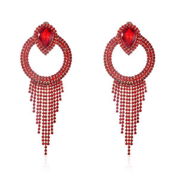 RED CRYSTAL RHINESTONE CHAIN TASSEL CLIP ON EARRINGS ( 2590 RED )