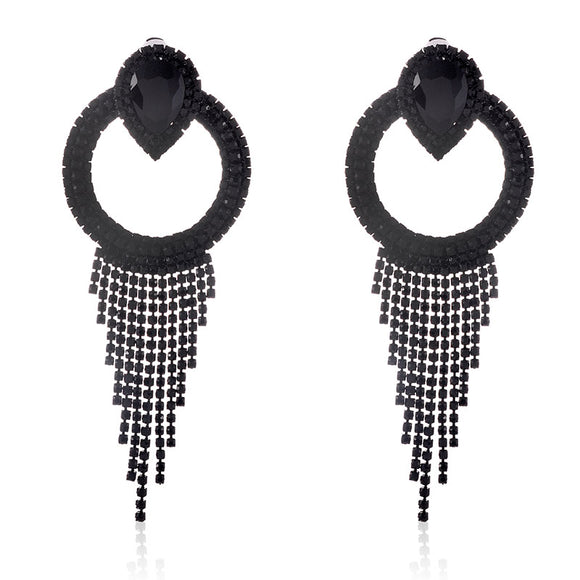 BLACK CRYSTAL RHINESTONE CHAIN TASSEL CLIP ON EARRINGS ( 2590 JET )