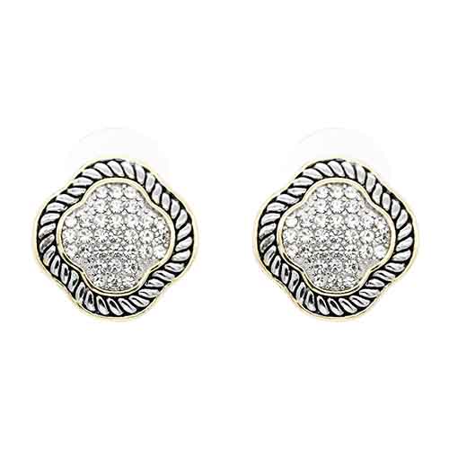 SILVER GOLD QUATREFOIL SHAPE EARRINGS CZ STONES ( 4068 2T )