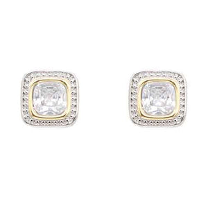 SILVER GOLD SQUARE EARRINGS CZ STONES ( 4820 CL )