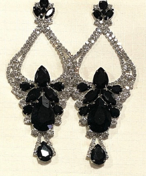LARGE SILVER CHANDELIER EARRINGS CLEAR BLACK STONES ( 2679 BC )