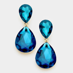 2" Gold TEAL Blue STONE CLIP ON Double Glass Earrings ( 1420 BZ )